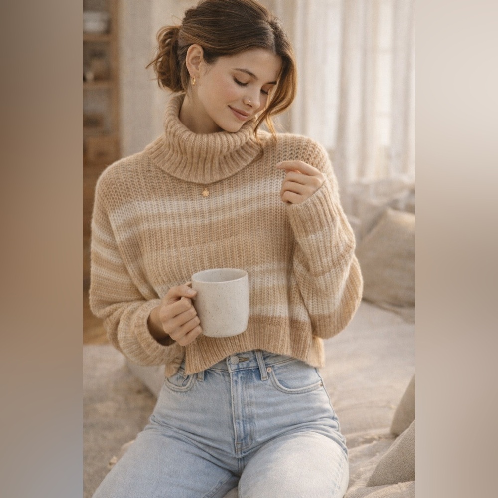 Gianni Bini Tan and Cream Striped Turtleneck Sweater - Cropped - L